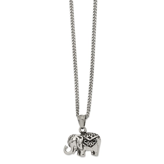 Chisel Stainless Steel Antiqued and Polished Elephant Pendant on a 20 inch Curb Chain Necklace