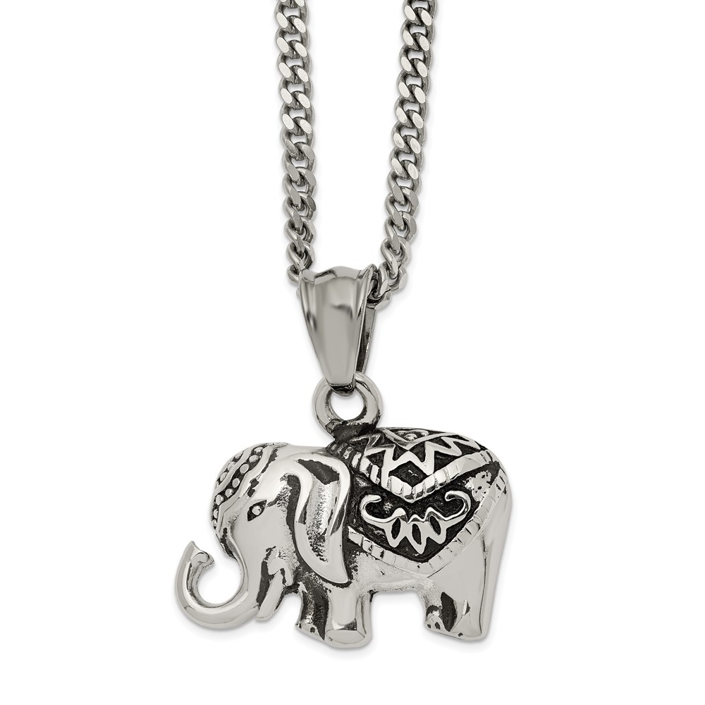 Stainless Steel Antiqued and Polished Elephant 20in Necklace