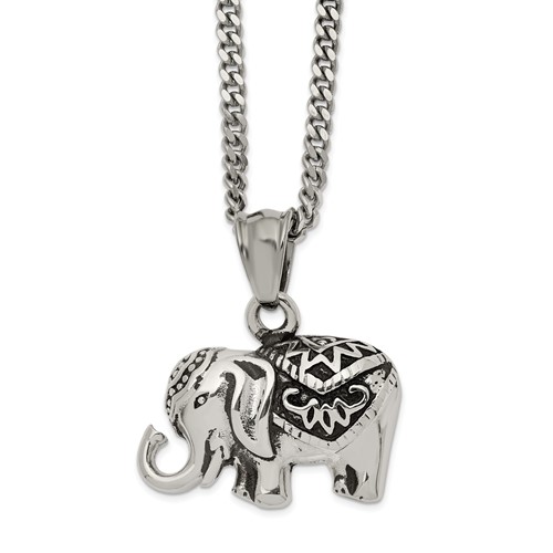 Chisel Stainless Steel Antiqued and Polished Elephant Pendant on a Curb Chain Necklace, 20"
