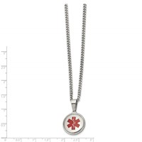 Chisel Stainless Steel Polished Necklace with Red Enamel Circle Medical ID Pendant on a Curb Chain, 20" view 2