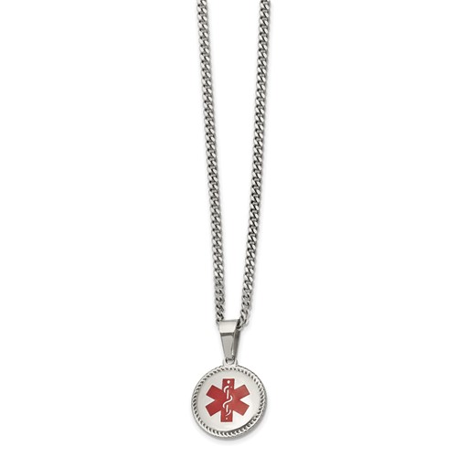 Chisel Stainless Steel Polished Necklace with Red Enamel Circle Medical ID Pendant on a Curb Chain, 20"