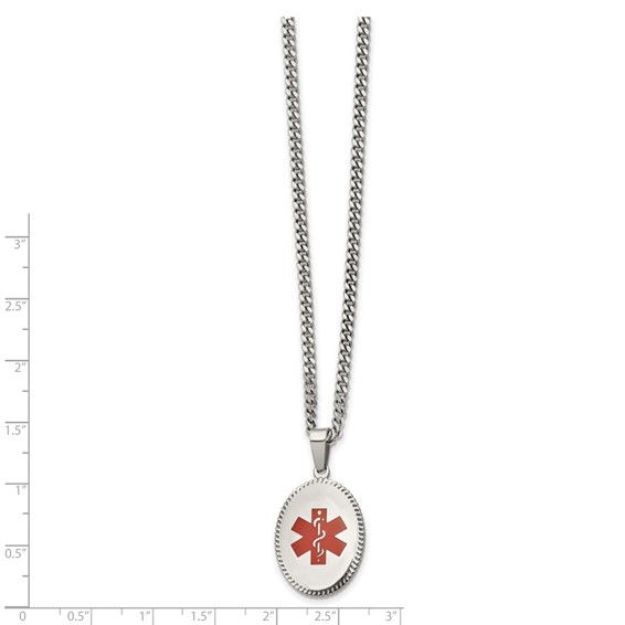 Chisel Stainless Steel Polished with Red Enamel Oval Medical ID Pendant on a 20 inch Curb Chain Necklace