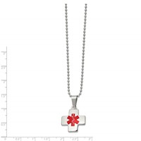 Chisel Stainless Steel Polished Necklace with Red Enamel Cross Medical ID Pendant on a Ball Chain, 20" view 2