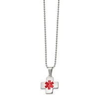 Chisel Stainless Steel Polished Necklace with Red Enamel Cross Medical ID Pendant on a Ball Chain, 20" view 1