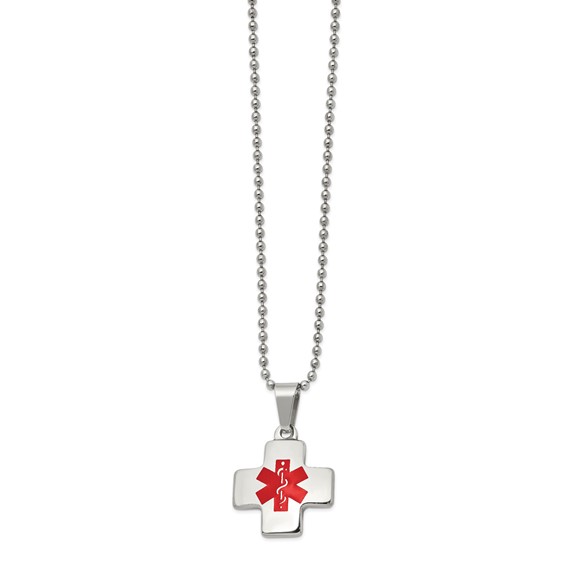 Chisel Stainless Steel Polished with Red Enamel Cross Medical ID Pendant on a 20 inch Ball Chain Necklace