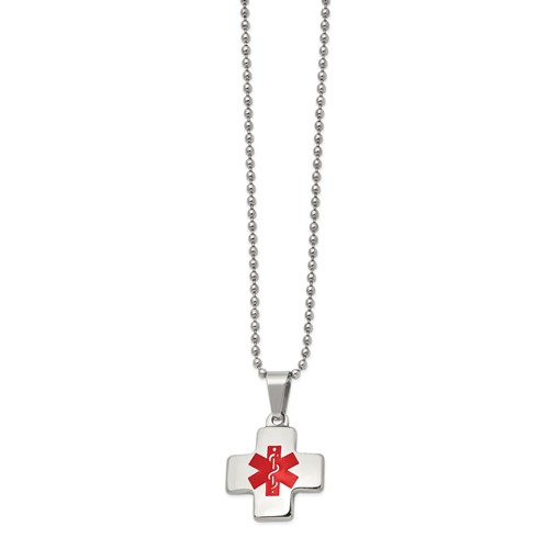 Chisel Stainless Steel Polished Necklace with Red Enamel Cross Medical ID Pendant on a Ball Chain, 20"