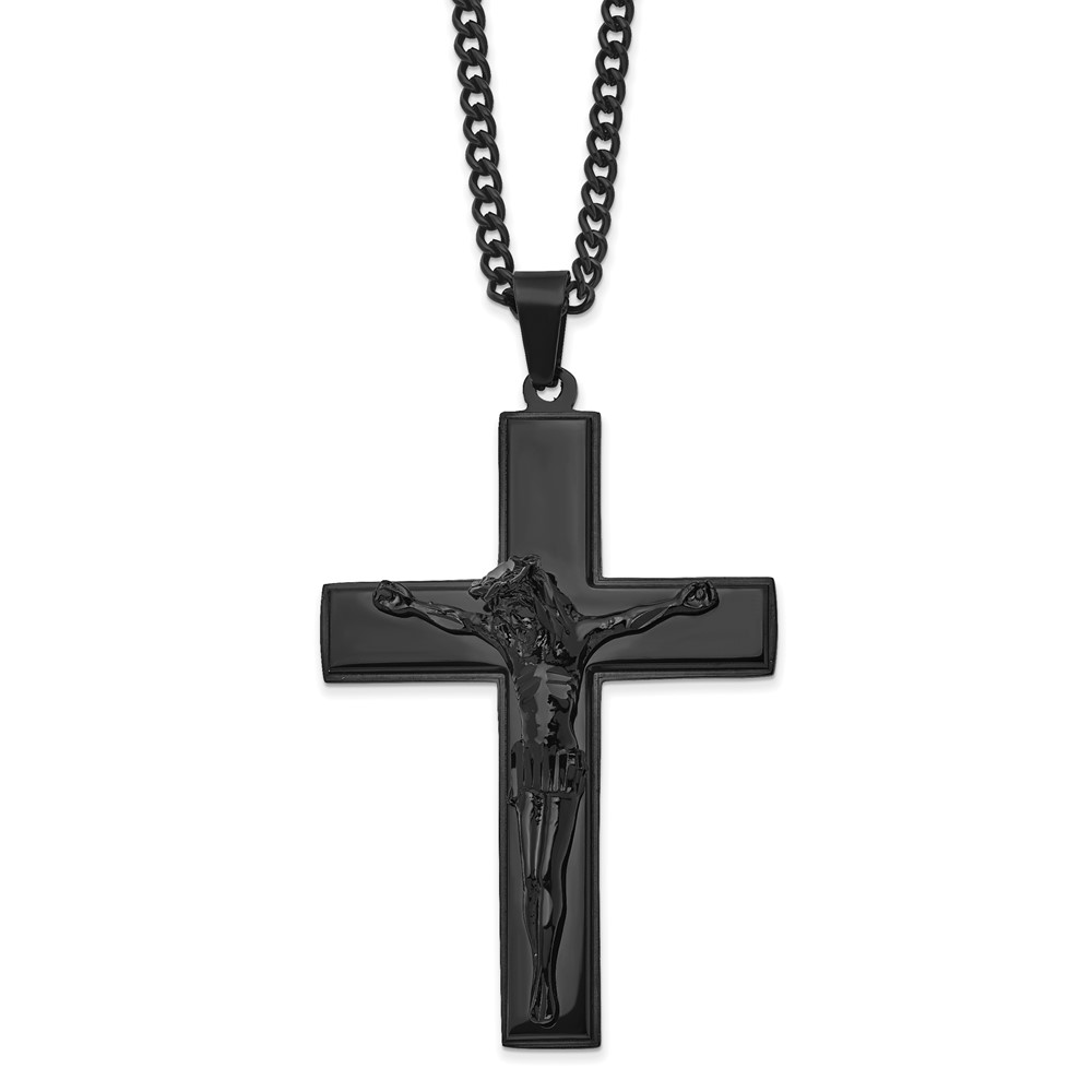 Stainless Steel 24in Polished Black IP-plated Crucifix Necklace