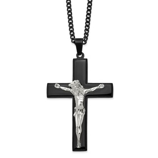 Chisel Stainless Steel Polished Black IP-plated Crucifix Pendant on a 24 inch Curb Chain Necklace