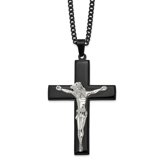 Chisel Stainless Steel Polished Black IP-plated Crucifix Pendant on a 24 inch Curb Chain Necklace