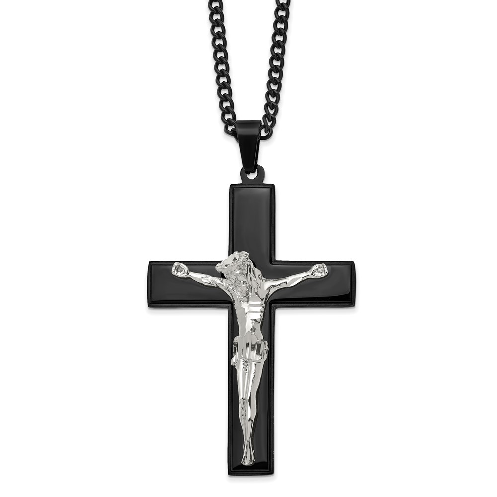 Stainless Steel 24in Polished Black IP-plated Crucifix Necklace