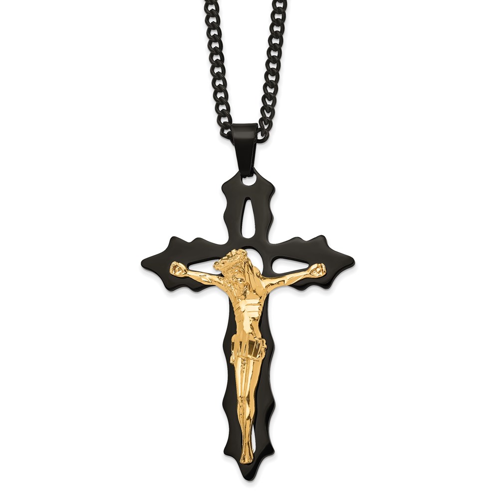 Stainless Steel Polished Black & Yellow IP Cutout Crucifix 24in Necklace