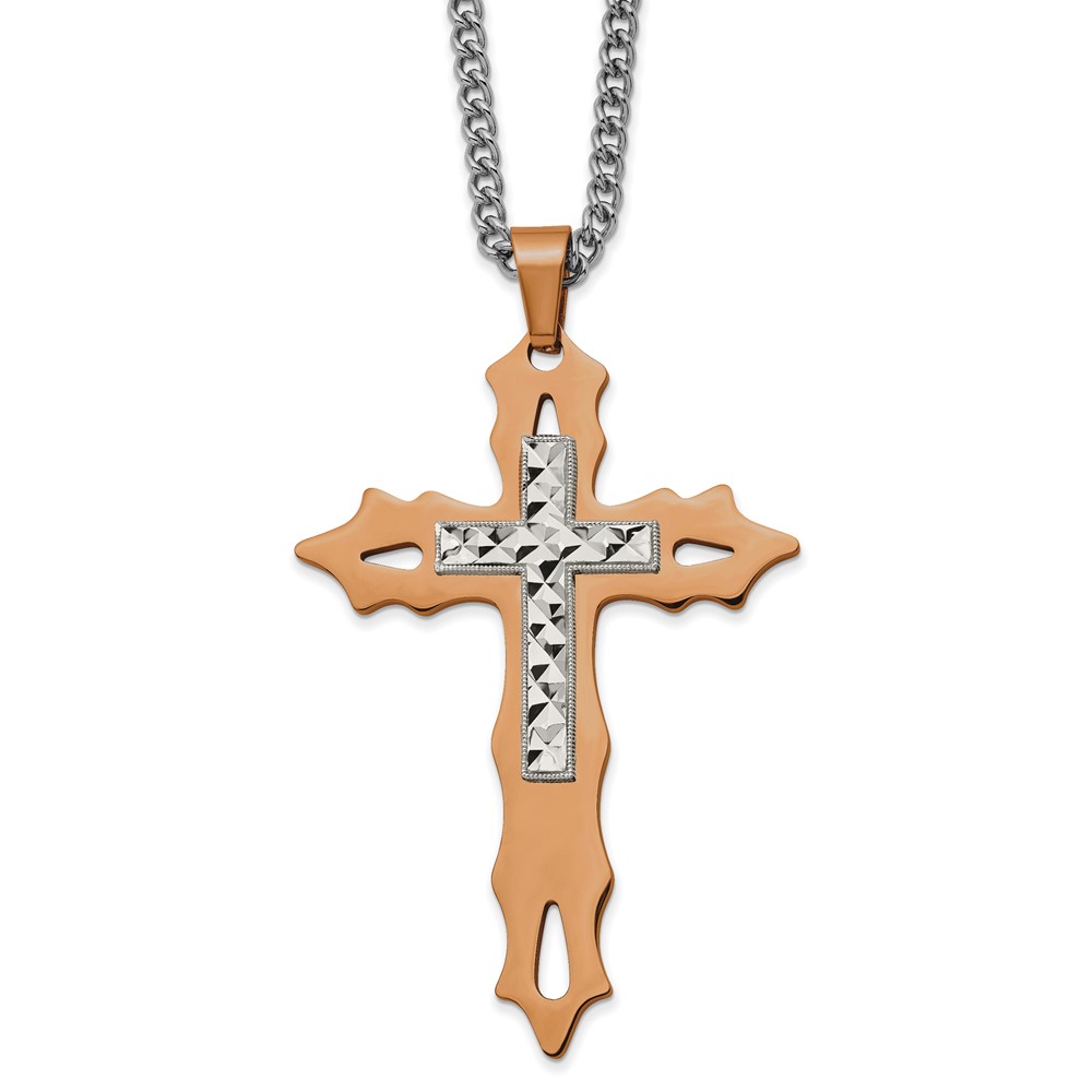 Stainless Steel Polished Brown IP-plated D/C Cross 24in Necklace