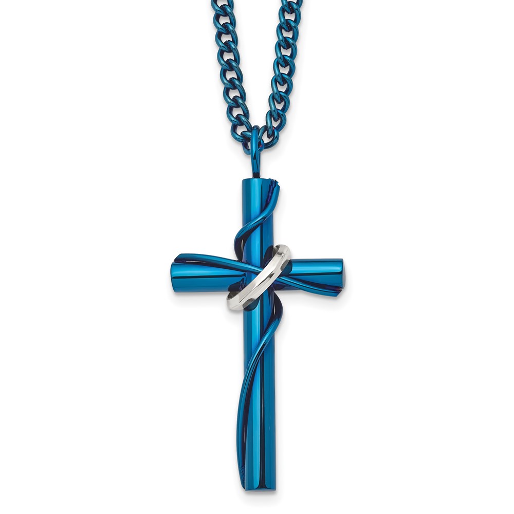 Stainless Steel Polished Blue IP-plated Moveable Cross 24in Necklace