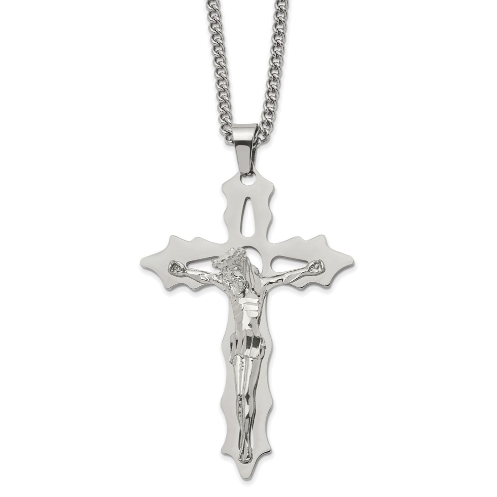 Stainless Steel Polished Cutout Crucifix 24in Necklace