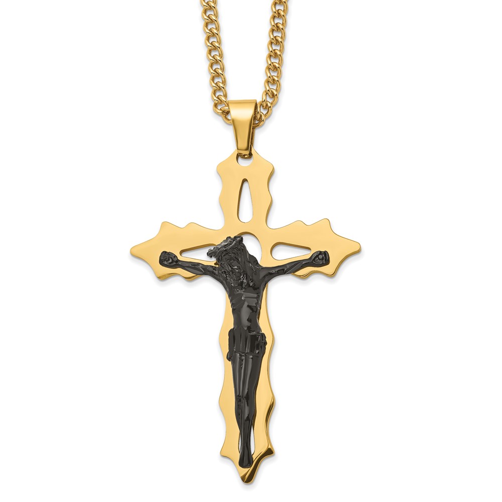 Stainless Steel Polished Black and Yellow IP Cutout Crucifix 24in Necklace