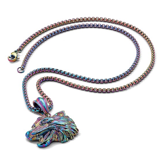 Chisel Stainless Steel Polished Rainbow IP-plated Wolf Head Pendant on a 24 inch Box Chain Necklace