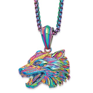 Chisel Stainless Steel Polished Rainbow IP-plated Wolf Head Pendant on a 24 inch Box Chain Necklace