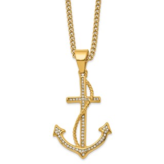 Chisel Stainless Steel Polished Yellow IP-plated with Crystal Anchor Pendant on a 24 inch Curb Chain Necklace