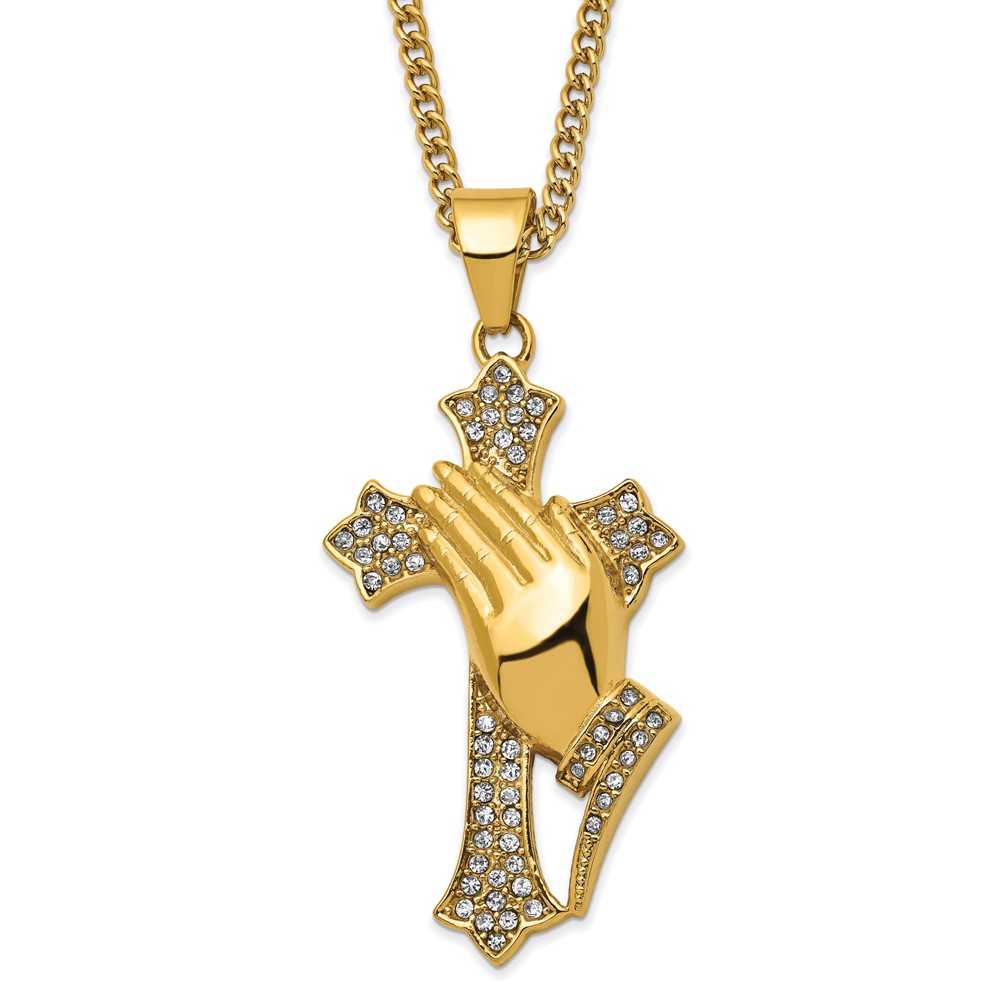 Stainless Steel 24in Polished Yellow IP w/Crystal Prayer Hands Cross Neckl