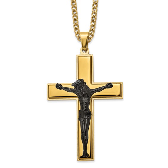 Chisel Stainless Steel Polished Black and Yellow IP-plated Crucifix Pendant on a 24 inch Curb Chain Necklace