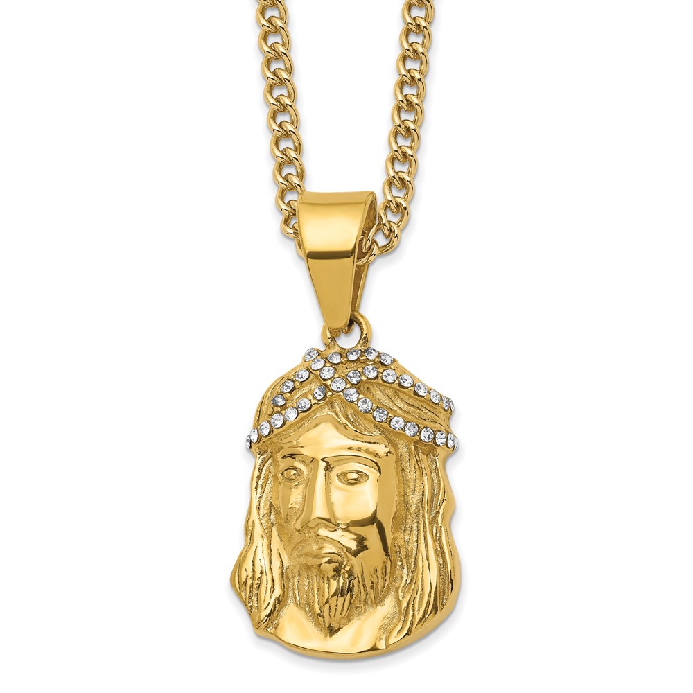 Stainless Steel 24in Polished Yellow IP-plated w/Crystal Jesus Necklace