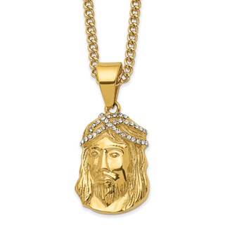 Chisel Stainless Steel Polished Yellow IP-plated with Crystal Jesus Pendant on a 24 inch Curb Chain Necklace