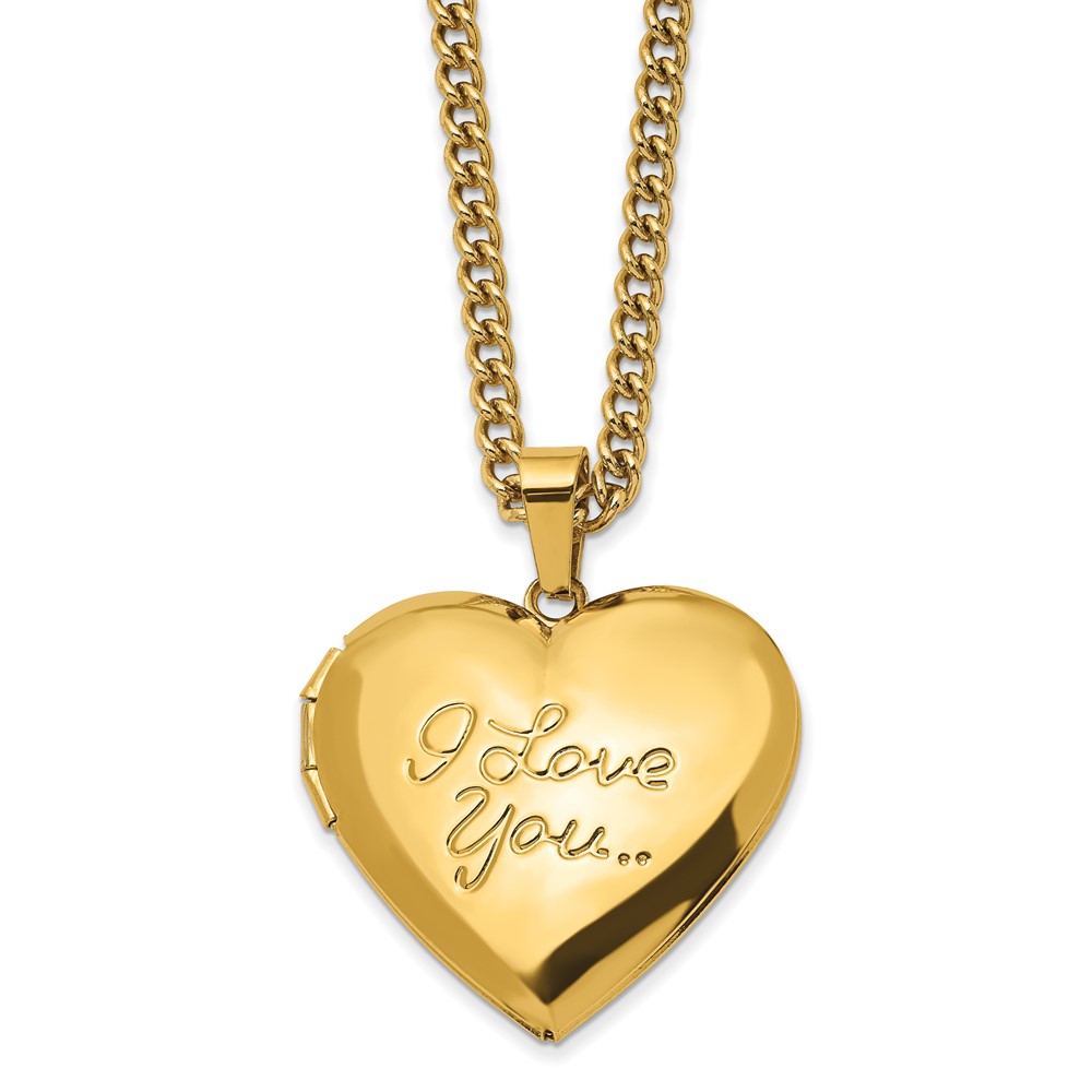 Stainless Steel Polished Yellow IP I LOVE YOU Heart Locket 24in Necklace