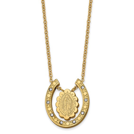 Chisel Stainless Steel Polished Yellow IP-plated with Crystal Our Lady of Guadalupe Horseshoe on a 18 inch Cable Chain Necklace