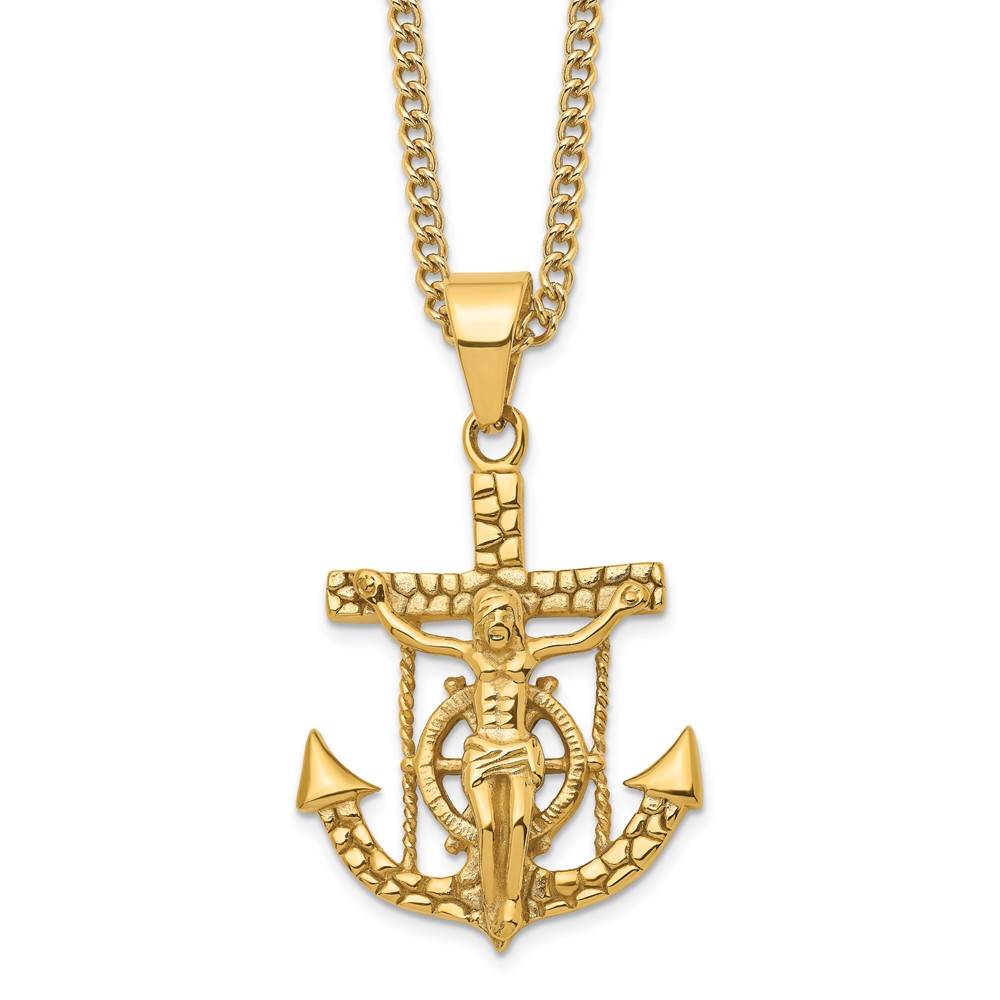 Stainless Steel 24in Polished & Textured Yellow IP Mariner's Cross Necklace