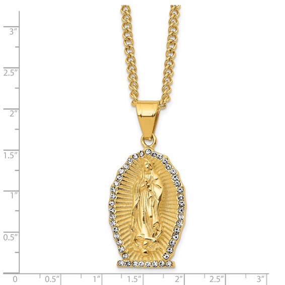 Chisel Stainless Steel Polished Yellow IP-plated with Crystal Our Lady of Guadalupe Pendant on a 24 inch Curb Chain Necklace