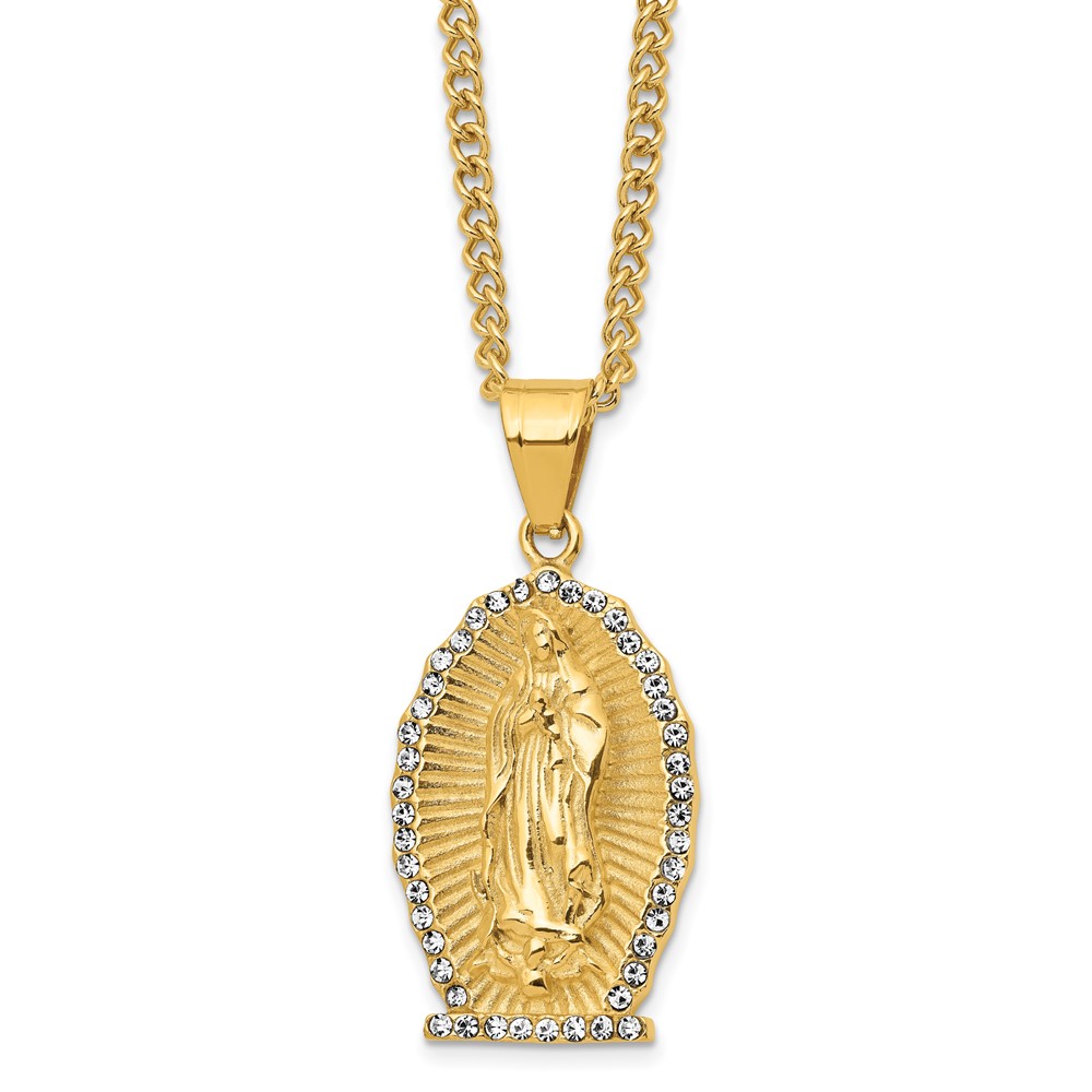 Stainless Steel Polished Yellow IP w/Crystal Lady of Guadalupe Necklace