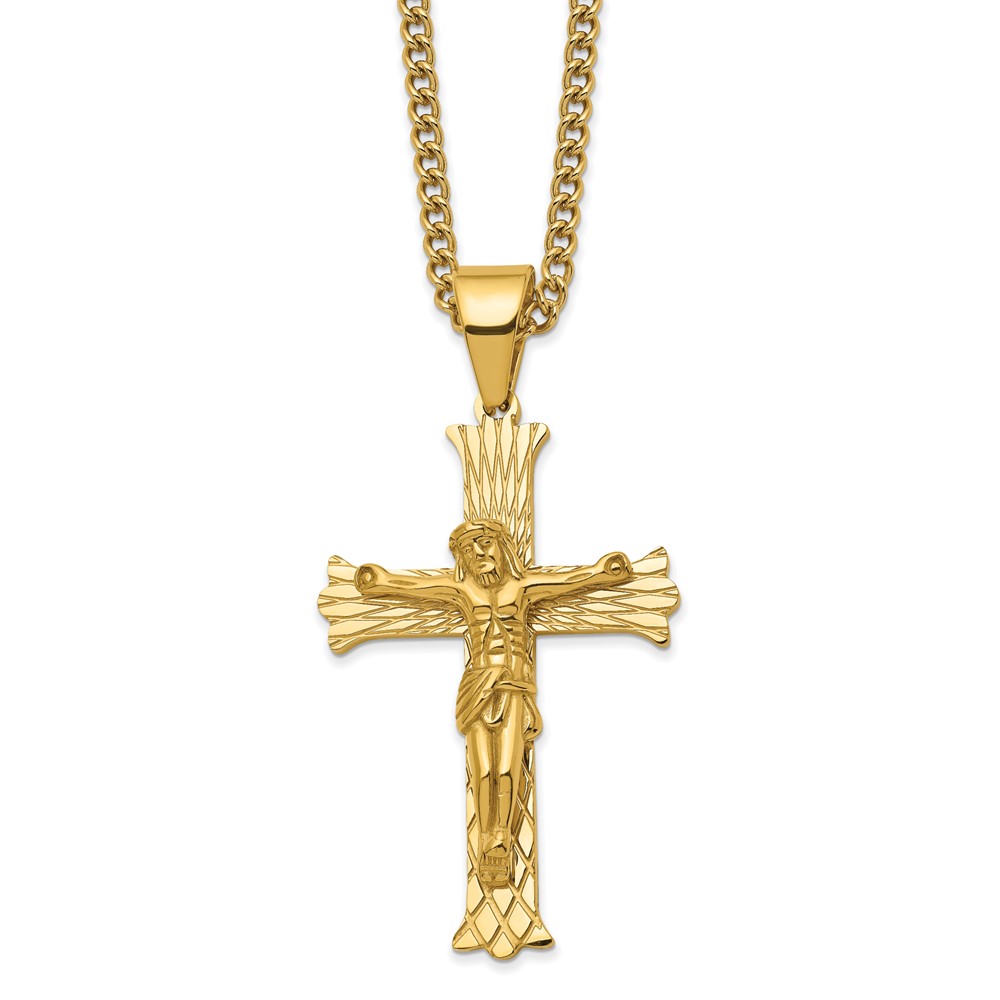 Stainless Steel Polished Yellow IP-plated Crucifix 24in Necklace