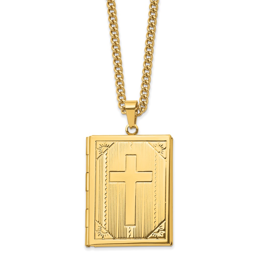 Stainless Steel Polished Yellow IP-plated Cross Bible Locket 24in Necklace