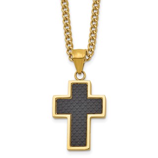 Chisel Stainless Steel Polished Yellow IP-plated with Black Carbon Fiber Inlay Cross Pendant on a 24 inch Curb Chain Necklace