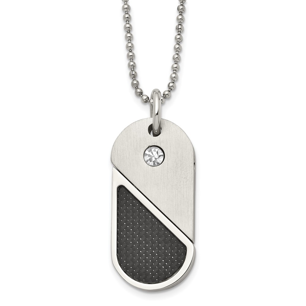 Stainless Steel Brushed/Polished CZ & CarbonFiber DogTag/Heart Necklace