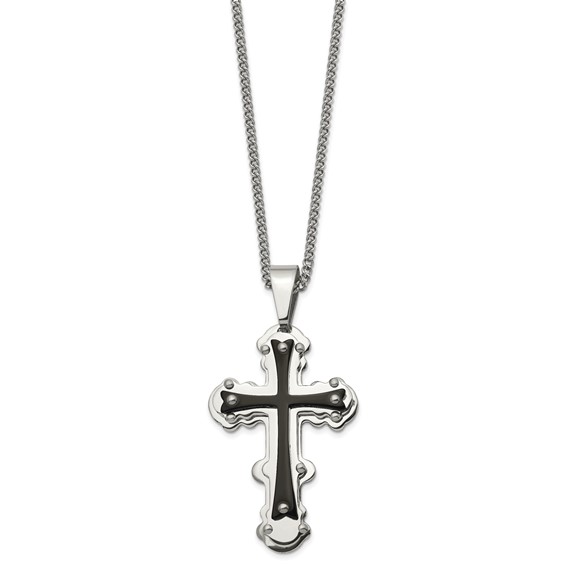 Chisel Stainless Steel Polished Black IP-plated Cross Pendant on a 24 inch Curb Chain Necklace