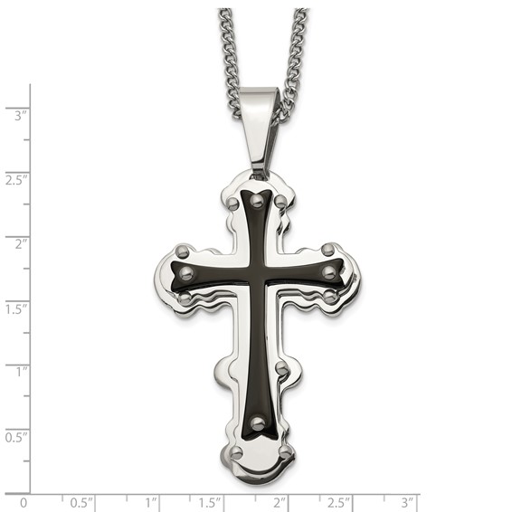 Chisel Stainless Steel Polished Black IP-plated Cross Pendant on a 24 inch Curb Chain Necklace