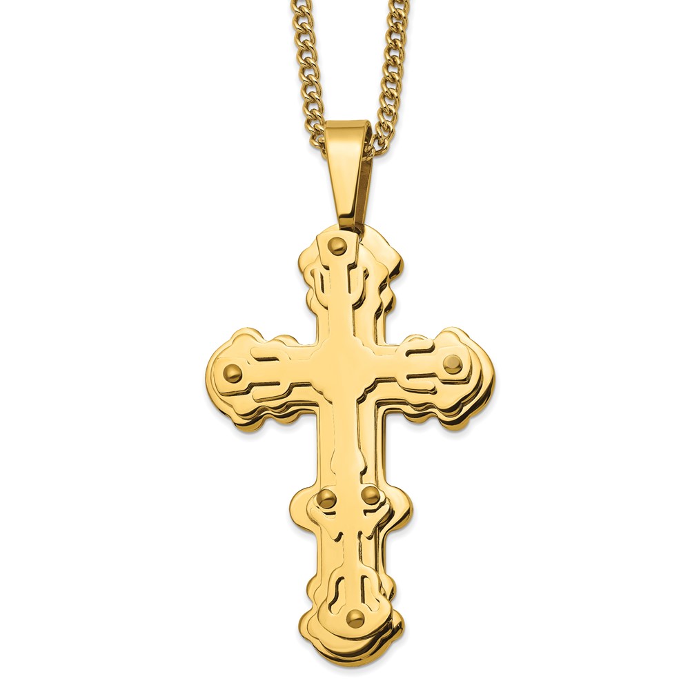 Stainless Steel Polished Yellow IP-plated Cross 24in Necklace
