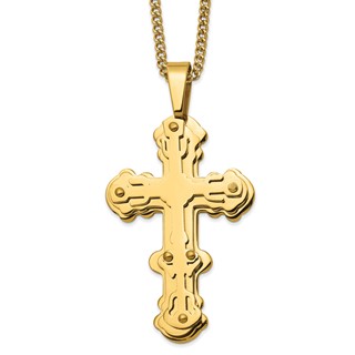 Chisel Stainless Steel Polished Yellow IP-plated Cross Pendant on a 24 inch Curb 24 inch Curb Chain Necklace