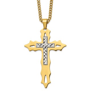 Chisel Stainless Steel Polished Yellow IP-plated Diamond Cut Cross Pendant on a 24 inch Curb Chain Necklace