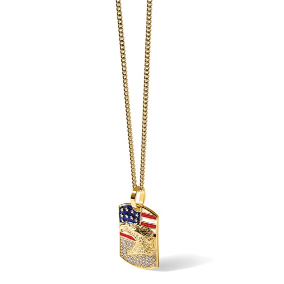 Chisel Stainless Steel Polished Yellow IP-plated Enameled Crystal Eagle and American Flag Dog Tag on a 24 inch Curb Chain Necklace