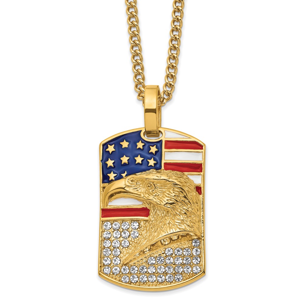 Stainless Steel Polished Yellow IP Enamel Crystal Eagle & Flag Necklace