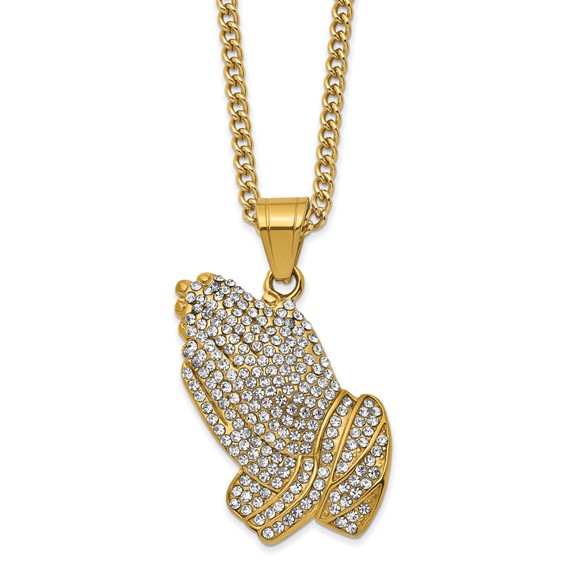 Chisel Stainless Steel Polished Yellow IP-plated with Crystal Praying Hands Pendant on a 24 inch Curb Chain Necklace