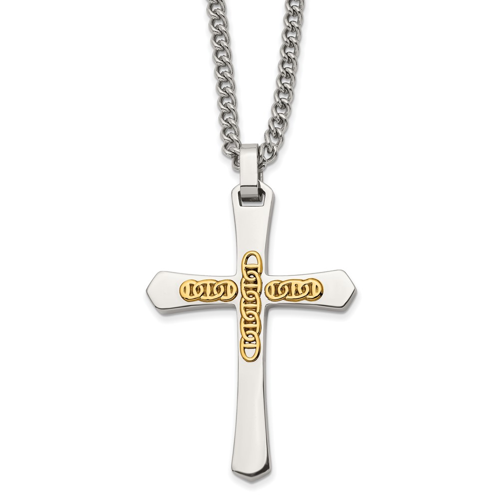 Stainless Steel Polished w/14k Accent Cross 24in Necklace