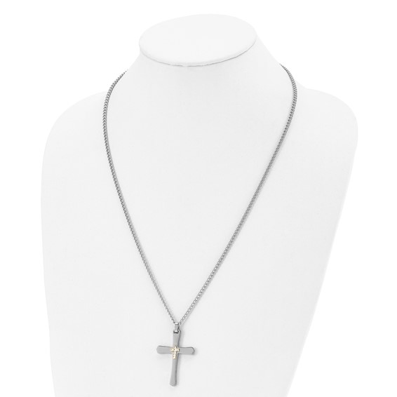 Chisel Stainless Steel Polished with 14k Gold Accent Diamond-cut Cross Pendant on a 24 inch Curb Chain Necklace