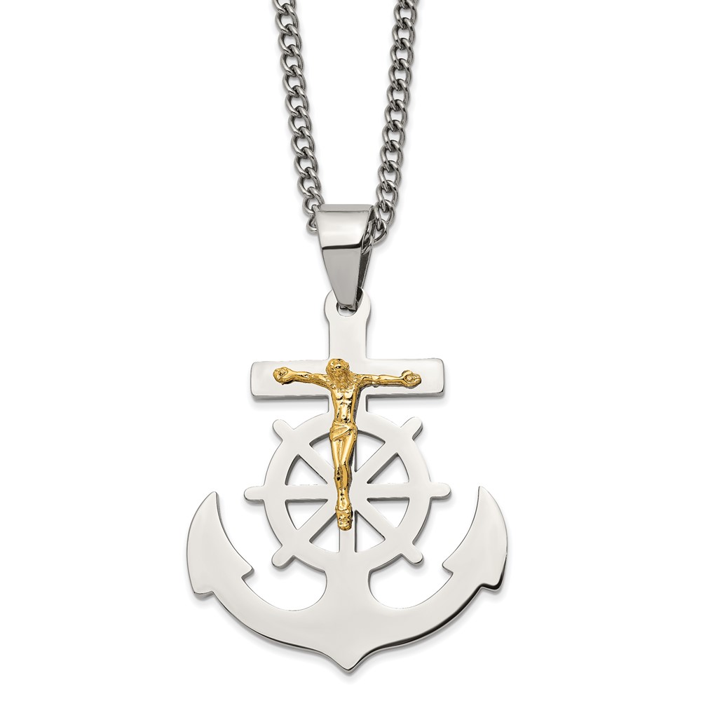 Stainless Steel 24in Polished Yellow IP-plated Mariner's Cross Necklace