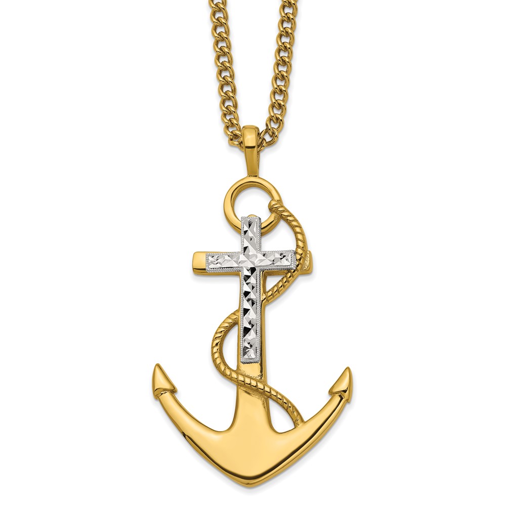 Stainless Steel Polished Yellow IP-plated D/C Cross & Anchor 24in Necklace