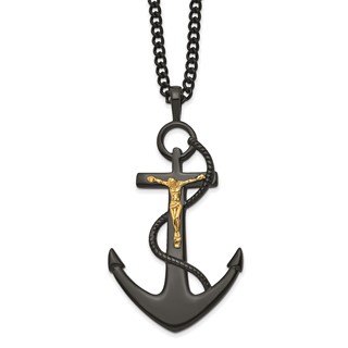 Chisel Stainless Steel Polished Black and Yellow IP-plated Crucifix Anchor Necklace