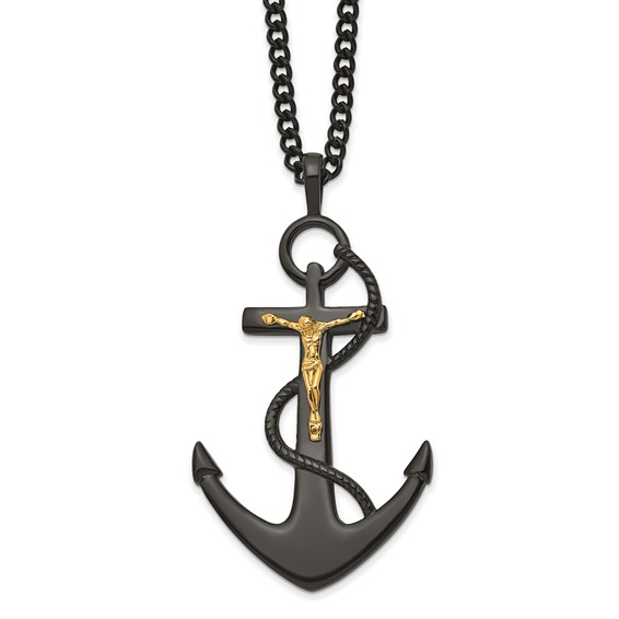 Chisel Stainless Steel Polished Black and Yellow IP-plated Crucifix Anchor Necklace