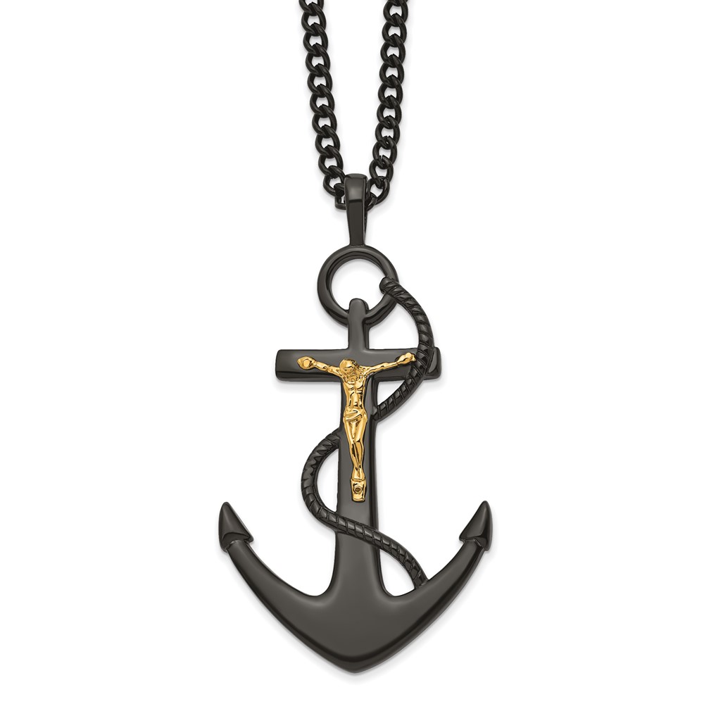 Stainless Steel 24in Polished Black & Yellow IP Crucifix Anchor Necklace